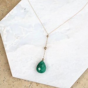 14KT Yellow Gold Teardrop Emerald "Y" Chain Lariat Necklace 18"