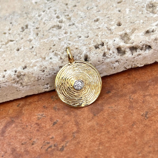 14KT Yellow Gold Textured Round Disc Plate Bezel Diamond Pendant Charm 14mm SMALL SIZE Minimal