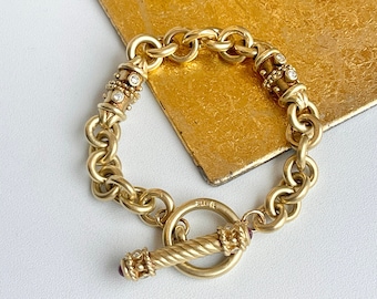 Vintage 14KT gult guld rundad Rolo med etruskiska bysantinska länkar toggle spänne armband cabochon rubin och diamant ändkapslar länkar
