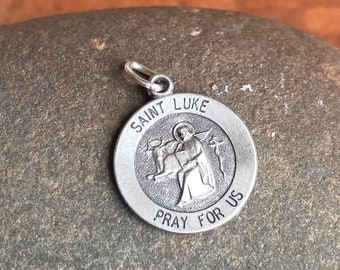 Sterling Silver Antiqued St Luke Patron Saint of Doctors Round SMALL Size Medal Pendant Charm NEW Unisex 15mm