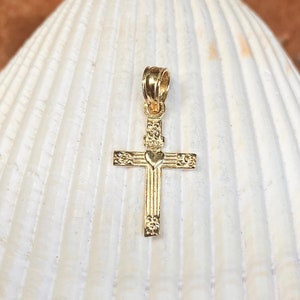 14KT Yellow Gold Cross with Heart Detailed Mini Size Pendant Charm NEW Tiny Polished