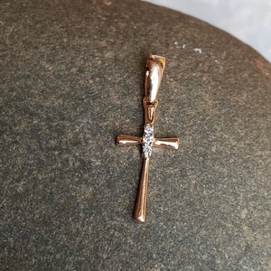 14KT Rose Gold Genuine .03 CT Diamond Accented Small Cross Pendant Charm NEW