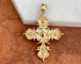 14KT Yellow Gold Solid Byzantine Etruscan Cross Design Pendant 41mm Raised Design Matte Finish