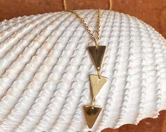 14KT Yellow Gold Lariat "Y" Chain Necklace with Geometric Triple Triangle Drop Pendant NEW