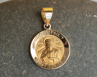 Ciondolo con medaglia rotonda in oro giallo 14KT lucido San Paolo, patrono degli scrittori/evangelisti, NUOVO unisex