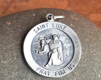 Sterling Silver Antiqued St Luke Patron Saint of Doctors Round Medal LARGE Size Pendant Charm NEW Unisex