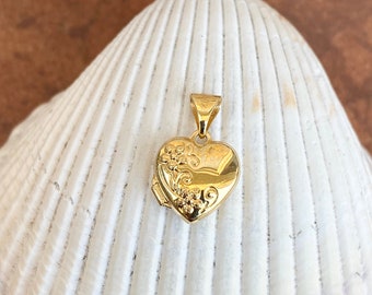 14KT Yellow Gold Shiny Floral Flower Detailed Mini Heart Locket Pendant Charm NEW Small 10MM