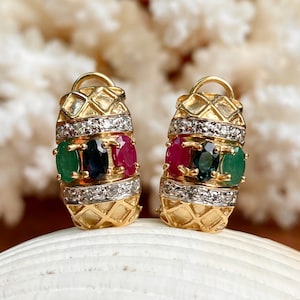 Estate Vintage 14KT Yellow Gold Pave Diamond + Emerald, Sapphire, Ruby Half-Hoop Omega Back Earrings