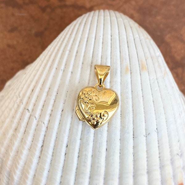 14KT Yellow Gold Shiny Floral Flower Detailed Mini Heart Locket Pendant Charm NEW Small 10MM