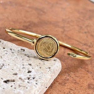 14KT Yellow Gold Shiny and Matte 3D Replica Roman Coin Thin Bangle Bracelet 7" Rare Stacking Bangle