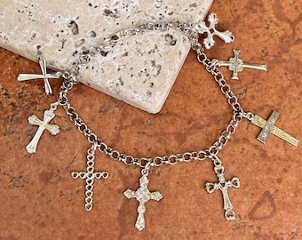 Sterling Silver 8 Unique Cross Charm Chain Link Bracelet NEW Religious 8" Length All Different Cross Designs