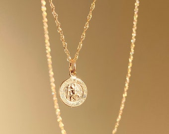 14KT Geel Goud St Christopher MINI TINY Ronde Medaille Hanger Ketting Nieuwe Patroonheilige van Reizigers