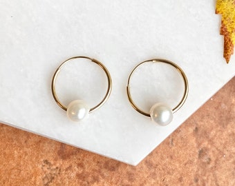 14KT Yellow Gold Small Endless Hoop Earrings with White Freshwater Pearl Charms 13mm