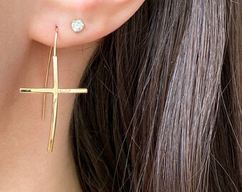 14KT Yellow Gold Solid Curved Cross Dangle Ear Wire Earrings NEW Thin Design