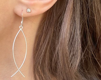 Sterling Silver Ichthus Religious Jesus Fish Thin Shepard Hook Wire Dangle Earrings