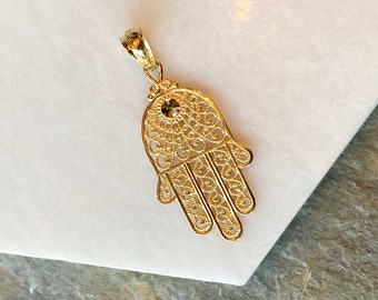 14KT Yellow Gold Filigree Hand of God Fatima Hamsa Chamseh Pendant NEW Good Luck Charm