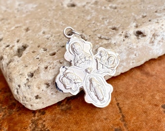 Sterling Silver Polished Four Way Catholic Cross Medal Engraved Pendant Charm 25mm
