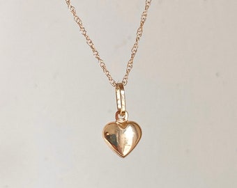 14KT Yellow Gold Shiny 3D Mini Hollow Heart Pendant Chain Necklace Various Lengths Available