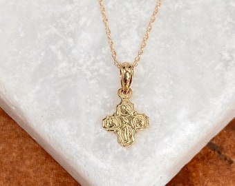 14KT Yellow Gold Four Way Catholic Cross Medal Engraved Pendant Charm Mini Chain Necklace