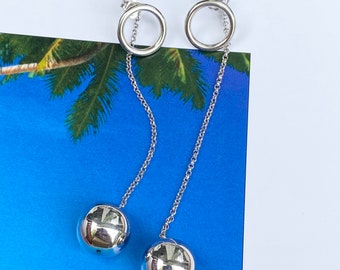 Sterling Silver Open Circle Long Dangle Chain with Polished Ball Front + Back Drop Earrings NEW