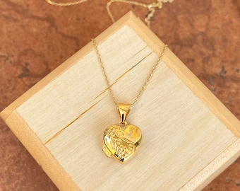 14KT Yellow Gold Shiny Floral Flower Detailed Mini Heart Locket Pendant Chain Necklace NEW Various Lengths