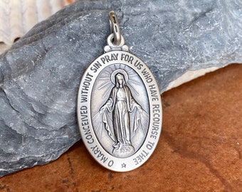 Sterling Silver Antiqued Mother Mary Miraculous Oval Medal Pendant 34mm NEW Unisex Design Large