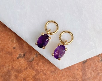 Vintage Estate 14KT Yellow Gold-Plated Silver Genuine Oval Faceted Purple Amethyst Earring Charms Add to Hoops Interchangeable