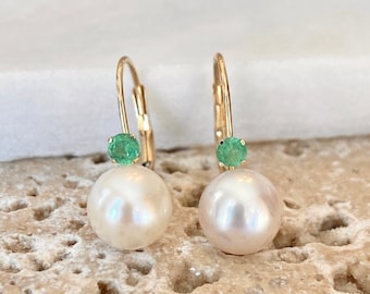 14KT Yellow Gold Genuine Green Emerald & Freshwater Pearl Lever Back Drop Earrings NEW