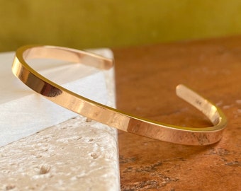 14KT Yellow Gold Solid 4mm Open Cuff Bangle Bracelet Modern
