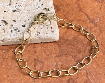 Bracciale a catena ovale aperta in oro giallo 14 carati, nuovo, lunghezza 7,5"