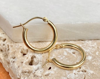 14KT Yellow Gold Polished Lightweight 2MM Tube Hoop Earrings 15MM Small Size NEW