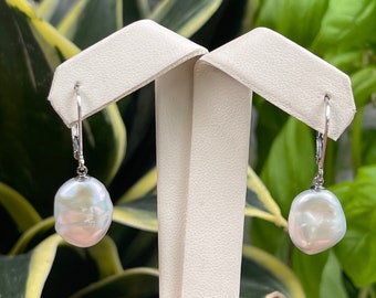 Sterling Silver Freshwater Cultured White Baroque Pearl Lever Back Drop Earrings 13mm Pearls