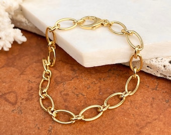 Bracciale in oro giallo 14 carati con maglie lucide ovali, NUOVO ciondolo o semplice, 8"