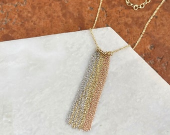 14KT Tri-Gold Yellow, White, + Rose Gold Lariat "Y" Chain Necklace Tassel Chain Drop Pendant NEW 18"