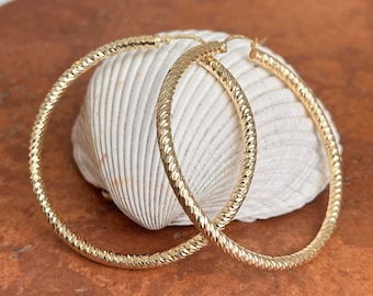 14KT Yellow Gold Diamond-Cut Round 3mm Tube Large Size Hoop Earrings 49mm