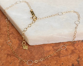 10KT Yellow Gold + White Gold Open Circle Link Style Anklet 9" Length Thin Lightweight Minimal