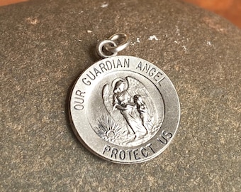 Sterling Silver Antiqued Our Guardian Angel Protect Us Round Medallion Pendant Charm NEW Small