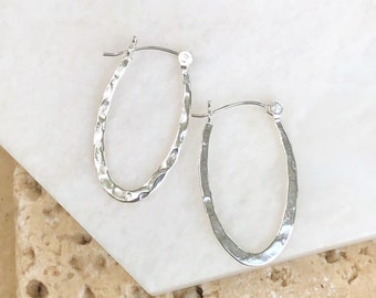 Sterling Silver Hammered Shiny Oval Hoop Earrings NEW 24mm SMALL Size