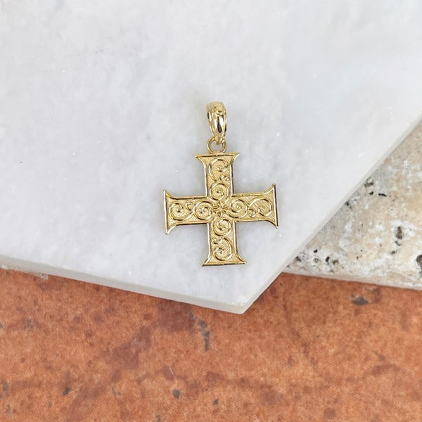 14KT Yellow Gold Textured Greek Swirl Design Style Cross Pendant Charm NEW 17mm