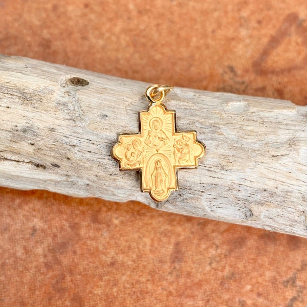 14KT Yellow Gold Satin Four Way Catholic Cross Medal Engraved Pendant Charm Small Size 12mm