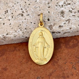 14KT Yellow Gold 27mm Solid Miraculous Mary Miracolosa Oval Medal Pendant Charm NEW Matte Unisex 27mm x 18mm