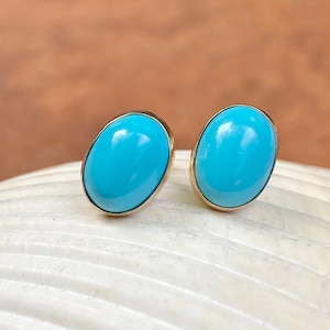 14KT Yellow Gold Cabochon, Oval Turquoise Bezel-Set Earrings Stud Post Style NEW