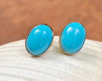14KT Yellow Gold Cabochon, Oval Turquoise Bezel-Set Earrings Stud Post Style NEW