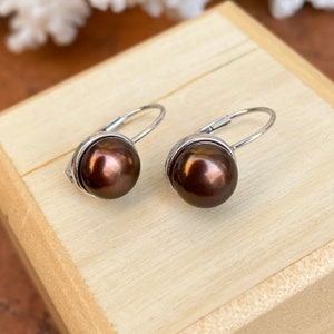 14KT White Gold Chocolate Brown Freshwater Pearl Euro Wire Lever Back Drop Earrings Day or Evening NEW