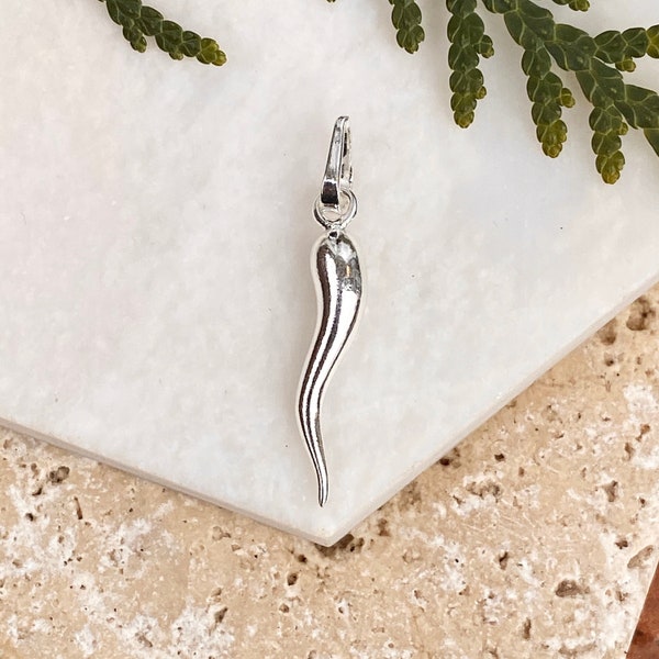 Sterling Silver "Cornicello" Corno Italian Horn Pendant Charm MEDIUM Size 27MM Unisex Good Luck