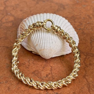 14KT Yellow Gold Rounded Intertwined Chain Link Bracelet Toggle Clasp 8&quot; Interlocking Stacking Chain