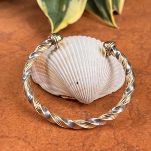 Estate Vintage Peter Brams 14KT Yellow Gold + Sterling Silver Shiny End Caps Cuff Twist Bangle Bracelet