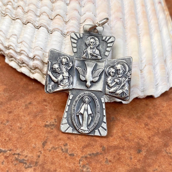 Sterling Silver Antiqued Four Way Catholic Cross Medal Engraved Pendant 35mm Unisex