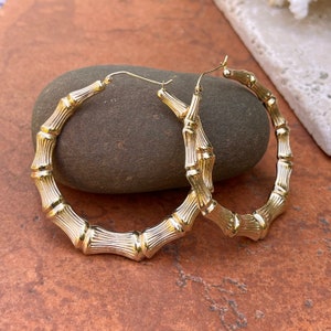 14KT Yellow Gold Shiny + Textured Bamboo Style Large Hoop Earrings 54mm Statement Hoops