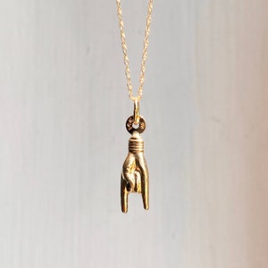 14KT Yellow Gold Polished 3D Italian Mano Cornuto Hand Symbol Good Luck Pendant Chain Necklace NEW Various Lengths image 1